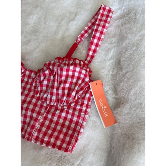 Colsie size XS Red Gingham Crop Corset Bra Top Shirred Smocked back NEW - Picture 3 of 5